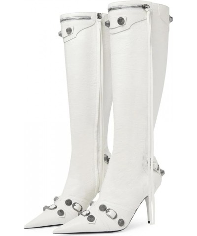 Knee High Boots for Women - Sexy Stiletto Pointed Toe Boot Heels Pull-On Tall Boots with Rivets Studded Zipper White $25.83 B...