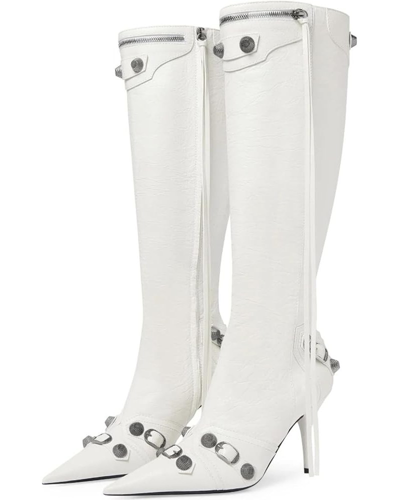 Knee High Boots for Women - Sexy Stiletto Pointed Toe Boot Heels Pull-On Tall Boots with Rivets Studded Zipper White $25.83 B...