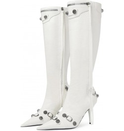 Knee High Boots for Women - Sexy Stiletto Pointed Toe Boot Heels Pull-On Tall Boots with Rivets Studded Zipper White $25.83 B...