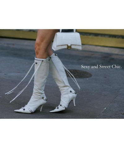 Knee High Boots for Women - Sexy Stiletto Pointed Toe Boot Heels Pull-On Tall Boots with Rivets Studded Zipper White $25.83 B...