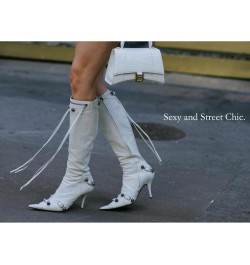 Knee High Boots for Women - Sexy Stiletto Pointed Toe Boot Heels Pull-On Tall Boots with Rivets Studded Zipper White $25.83 B...