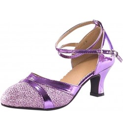 Women's Ballroom Tango Latin Salsa Dancing Shoes Sequins Shoes Social Dance Shoe Strap Women Low Heel Sandals (Purple, 7.5) 5...