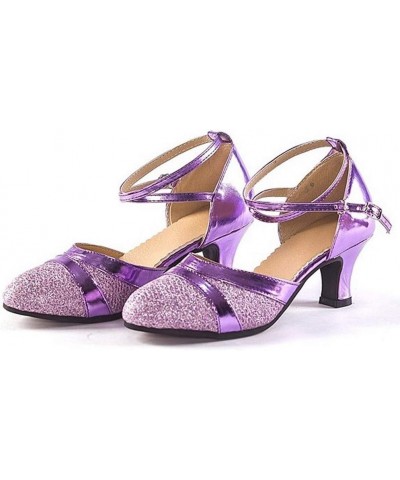 Women's Ballroom Tango Latin Salsa Dancing Shoes Sequins Shoes Social Dance Shoe Strap Women Low Heel Sandals (Purple, 7.5) 5...