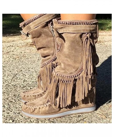 Women's Retro Western Boots Low Heels Flat Fringed Boots Platform Ankle Boots Winter Non-Slip Slip-On Boots Elegant Shoes Out...