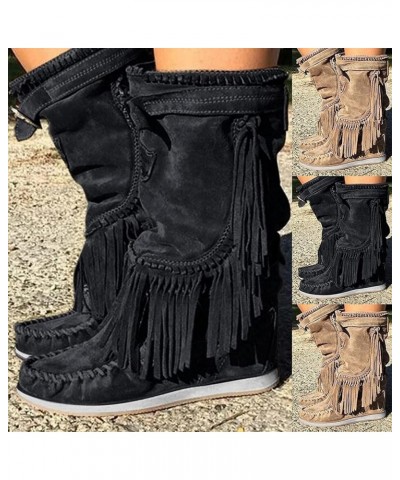 Women's Retro Western Boots Low Heels Flat Fringed Boots Platform Ankle Boots Winter Non-Slip Slip-On Boots Elegant Shoes Out...