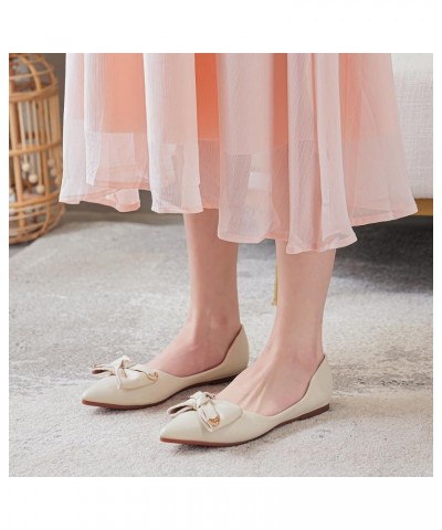 Women's Bow Ballets Pointy Toe PU Leather Flats Shoes Slip-ons Casual Comfortable Loafers Walking Shoes for Women 173-apricot...