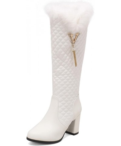 Women's Fur Lined Knee High Boots Furry Block Heels Female Winter Boots 385 White $27.55 Boots