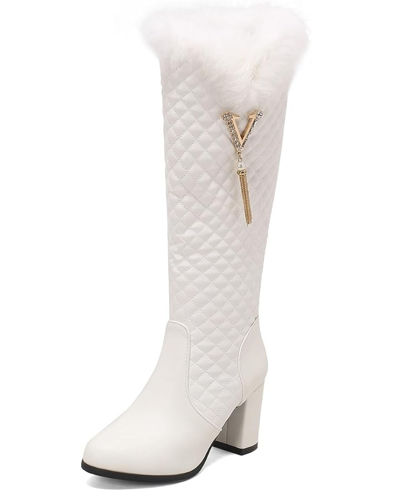 Women's Fur Lined Knee High Boots Furry Block Heels Female Winter Boots 385 White $27.55 Boots