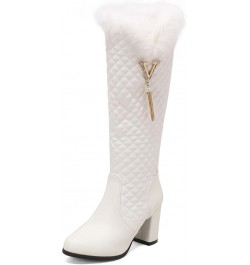 Women's Fur Lined Knee High Boots Furry Block Heels Female Winter Boots 385 White $27.55 Boots