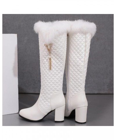 Women's Fur Lined Knee High Boots Furry Block Heels Female Winter Boots 385 White $27.55 Boots