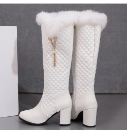 Women's Fur Lined Knee High Boots Furry Block Heels Female Winter Boots 385 White $27.55 Boots