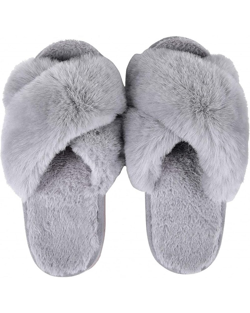 Winter Women Casual Fuzzy Slippers Female Flip Flops Fluffy Shoes Cross Slides Ladies Soft Plush Home Indoor Slippers A-grey ...