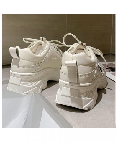 Women Platform Chunky Sneakers Lace up Silver White Cosy Athletic Sports Walking Shoes Beige $14.26 Fashion Sneakers