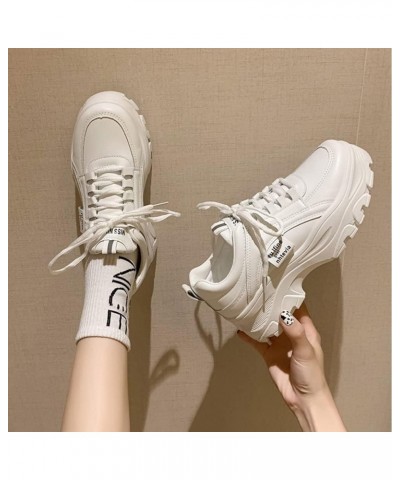 Women Platform Chunky Sneakers Lace up Silver White Cosy Athletic Sports Walking Shoes Beige $14.26 Fashion Sneakers