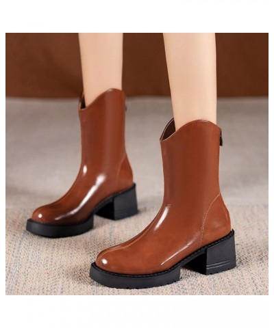 Fashion Autumn And Winter Women Ankle Boots Flat Bottom Thick Heel Non Slip Solid Round Women Booties Heel And Boots Brown $3...