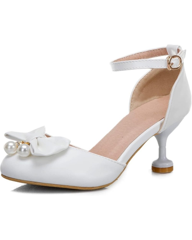 Women's Kitten Heels High Heels with Bow Round Cap Toe Ankle Strap Low Heel Pump Sandals Dress Wedding Party Shoes White 35 $...