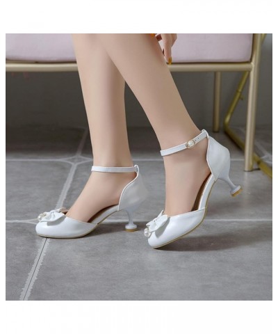 Women's Kitten Heels High Heels with Bow Round Cap Toe Ankle Strap Low Heel Pump Sandals Dress Wedding Party Shoes White 35 $...