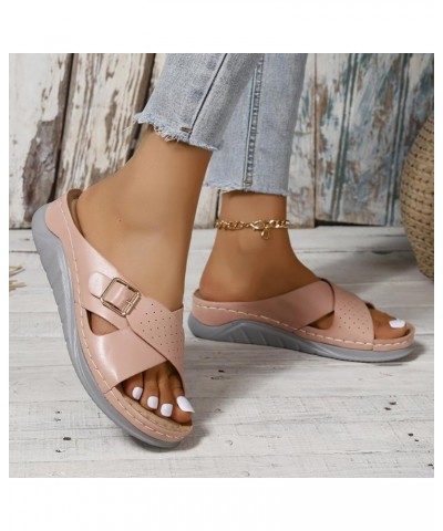 Womens Leather 2024 Flat Sandals Spring Solid Beach Falt Trendy Summer Buckle Criss Cross Wedding Slip On Fashion Y2K Pink $1...