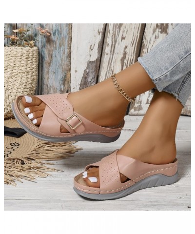 Womens Leather 2024 Flat Sandals Spring Solid Beach Falt Trendy Summer Buckle Criss Cross Wedding Slip On Fashion Y2K Pink $1...