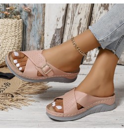 Womens Leather 2024 Flat Sandals Spring Solid Beach Falt Trendy Summer Buckle Criss Cross Wedding Slip On Fashion Y2K Pink $1...