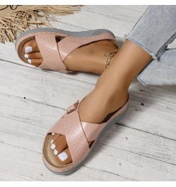 Womens Leather 2024 Flat Sandals Spring Solid Beach Falt Trendy Summer Buckle Criss Cross Wedding Slip On Fashion Y2K Pink $1...