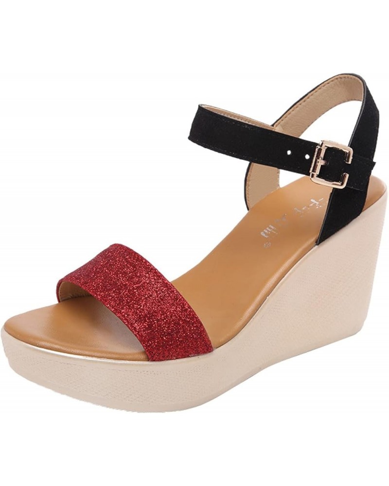 Summer Stylish Sequins Colorblock Platform Sandals for Women Adjustable Ankle Buckle Wedges Open Toe Casual Shoe Red $27.01 S...