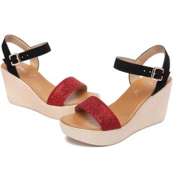 Summer Stylish Sequins Colorblock Platform Sandals for Women Adjustable Ankle Buckle Wedges Open Toe Casual Shoe Red $27.01 S...