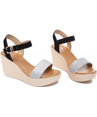 Summer Stylish Sequins Colorblock Platform Sandals for Women Adjustable Ankle Buckle Wedges Open Toe Casual Shoe Red $27.01 S...