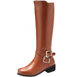 Women Low Heel Knee High Boots Chunky Block Heel Knee Length Buckle Boots Zipper Brown $31.90 Boots