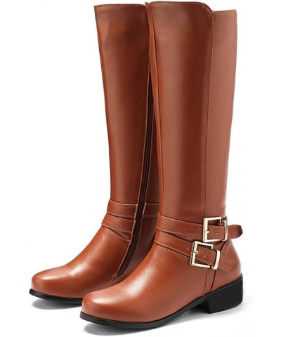 Women Low Heel Knee High Boots Chunky Block Heel Knee Length Buckle Boots Zipper Brown $31.90 Boots