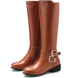 Women Low Heel Knee High Boots Chunky Block Heel Knee Length Buckle Boots Zipper Brown $31.90 Boots