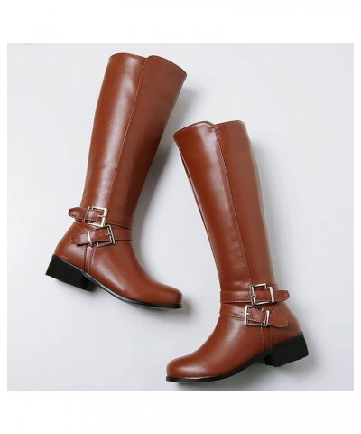 Women Low Heel Knee High Boots Chunky Block Heel Knee Length Buckle Boots Zipper Brown $31.90 Boots