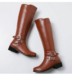 Women Low Heel Knee High Boots Chunky Block Heel Knee Length Buckle Boots Zipper Brown $31.90 Boots