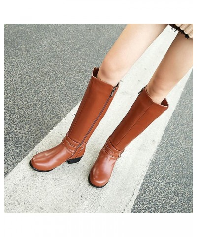 Women Low Heel Knee High Boots Chunky Block Heel Knee Length Buckle Boots Zipper Brown $31.90 Boots