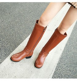 Women Low Heel Knee High Boots Chunky Block Heel Knee Length Buckle Boots Zipper Brown $31.90 Boots