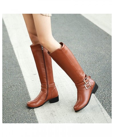 Women Low Heel Knee High Boots Chunky Block Heel Knee Length Buckle Boots Zipper Brown $31.90 Boots