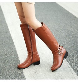 Women Low Heel Knee High Boots Chunky Block Heel Knee Length Buckle Boots Zipper Brown $31.90 Boots