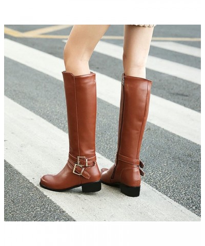 Women Low Heel Knee High Boots Chunky Block Heel Knee Length Buckle Boots Zipper Brown $31.90 Boots