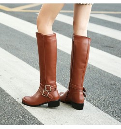 Women Low Heel Knee High Boots Chunky Block Heel Knee Length Buckle Boots Zipper Brown $31.90 Boots