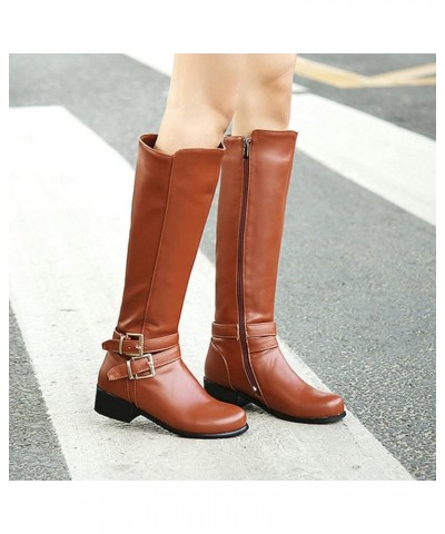 Women Low Heel Knee High Boots Chunky Block Heel Knee Length Buckle Boots Zipper Brown $31.90 Boots