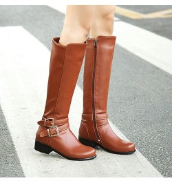 Women Low Heel Knee High Boots Chunky Block Heel Knee Length Buckle Boots Zipper Brown $31.90 Boots