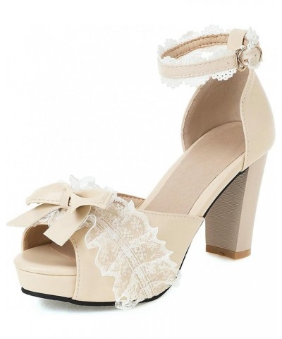 Kawaii Lolita Bow Platform Heels,Chunky Peep Toe Sandals,Lace Heels For Women Beige $22.04 Sandals