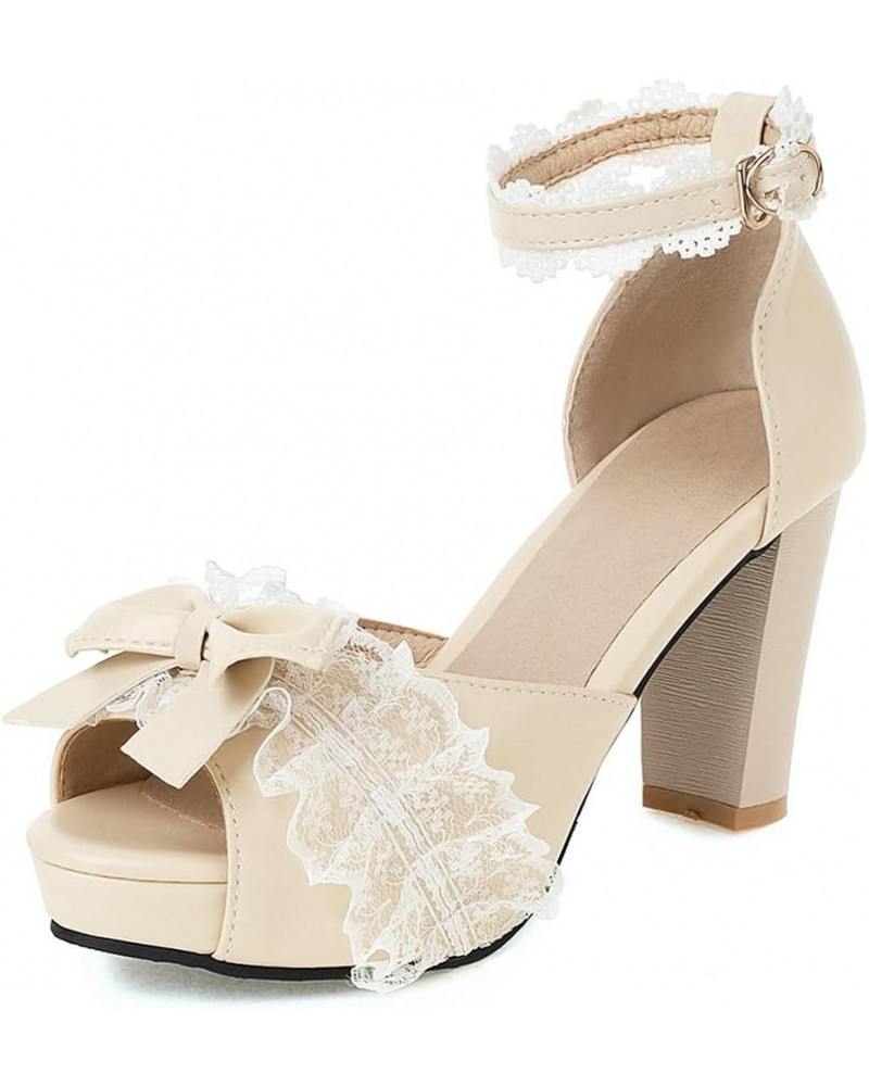 Kawaii Lolita Bow Platform Heels,Chunky Peep Toe Sandals,Lace Heels For Women Beige $22.04 Sandals