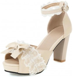 Kawaii Lolita Bow Platform Heels,Chunky Peep Toe Sandals,Lace Heels For Women Beige $22.04 Sandals