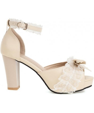 Kawaii Lolita Bow Platform Heels,Chunky Peep Toe Sandals,Lace Heels For Women Beige $22.04 Sandals