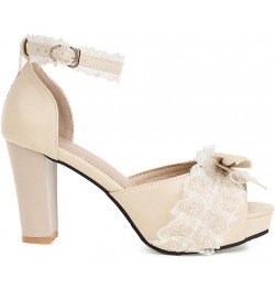 Kawaii Lolita Bow Platform Heels,Chunky Peep Toe Sandals,Lace Heels For Women Beige $22.04 Sandals