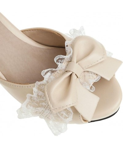 Kawaii Lolita Bow Platform Heels,Chunky Peep Toe Sandals,Lace Heels For Women Beige $22.04 Sandals