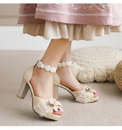 Kawaii Lolita Bow Platform Heels,Chunky Peep Toe Sandals,Lace Heels For Women Beige $22.04 Sandals