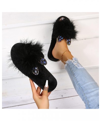 Indoor Outdoor Slippers Women Casual Warm Ears Women's Fashion Color Rhinestone Plush Cute Home Slippers Women Summer Black $...