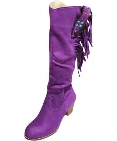 Womens Boots Zipper BootsPointy High Chunky Mid Knee Slouchy Heel Women's Side Over The Knew Boots for Women Purple $24.81 Boots